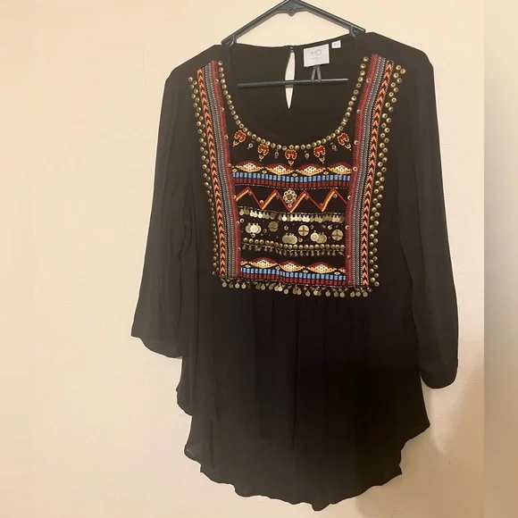 Anthropologie HD in Paris Ari peasant boho embellished blouse gauzy light 10 - Picture 4 of 6
